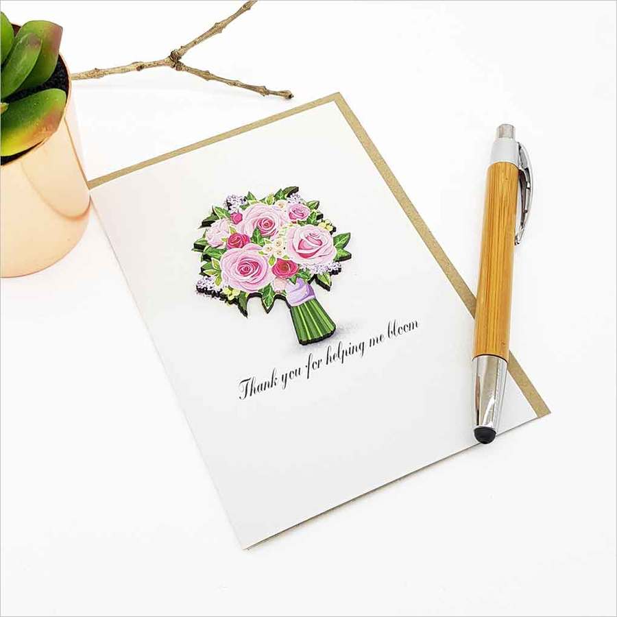 Elegant greeting card featuring a rose bouquet, symbolizing gratitude and growth, perfect for heartfelt thank you notes.