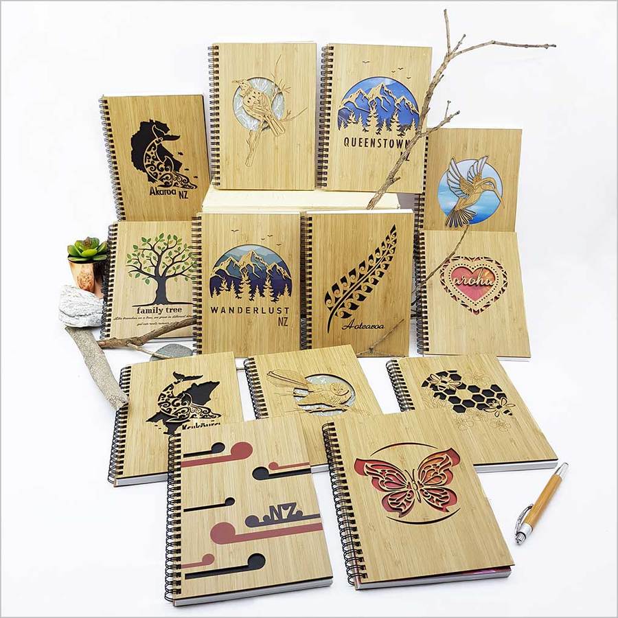 Small Bamboo Journal featuring FSC-certified laser-cut design, 110 high-quality pages for writing and sketching.