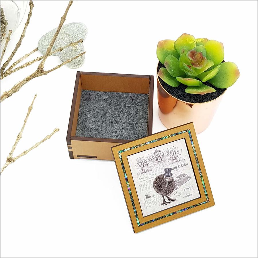 Small Vintage Kiwi trinket box with NZ veneer, featuring kiwi design; perfect for elegant storage and home decor.