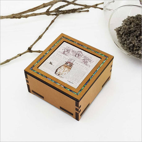 Vintage Morepork trinket box handcrafted from NZ veneer, featuring an owl design, perfect for storing small treasures.