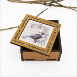 Vintage Tui trinket box made from NZ veneer, featuring a stunning tui print, perfect for jewelry and mementos.