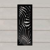 Large black panel wall art featuring intricate palm design, perfect for indoor/outdoor tropical decor, size 285mm x 790mmH.