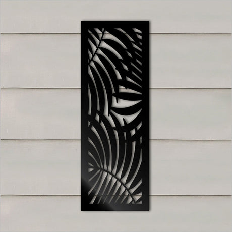Large black panel wall art featuring intricate palm design, perfect for indoor/outdoor tropical decor, size 285mm x 790mmH.