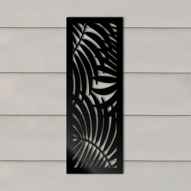 Large black panel wall art featuring intricate palm design, perfect for indoor/outdoor tropical decor, size 285mm x 790mmH.