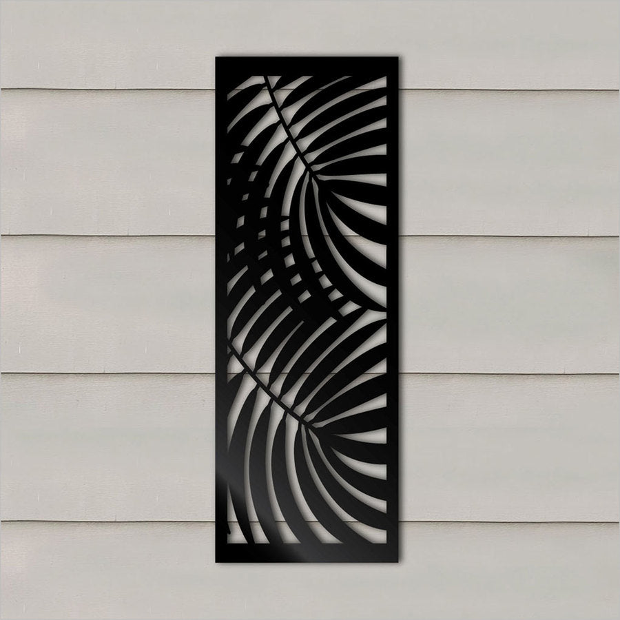 Large black wall art panel featuring elegant oversized double palm designs, perfect for adding tropical elegance to any space.