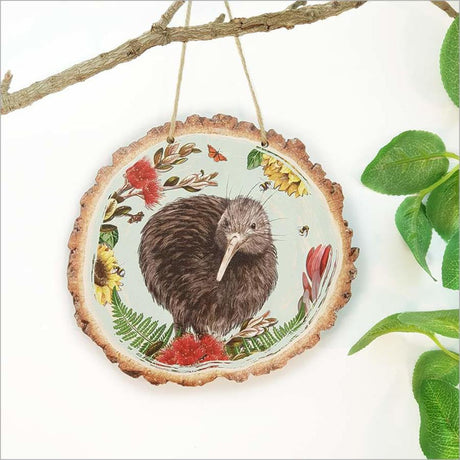 Wood Slice Art featuring a Kiwi bird surrounded by vibrant florals, crafted from 4mm thick veneer, ready to hang.