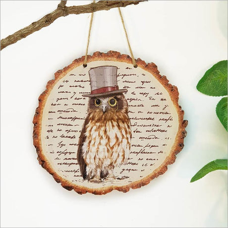 Vintage wood slice art featuring a detailed Ruru morepork, showcasing vibrant colors on 4mm thick veneer, ready to hang.