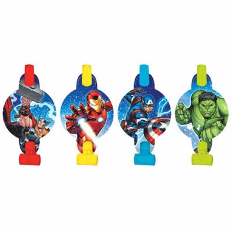 Colorful Avengers blowouts with medallions in assorted designs, perfect for superhero-themed parties and celebrations.