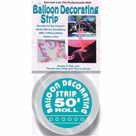 Clear plastic balloon decorating strip, 15.2m long, perfect for creating arches and bouquets for any event.