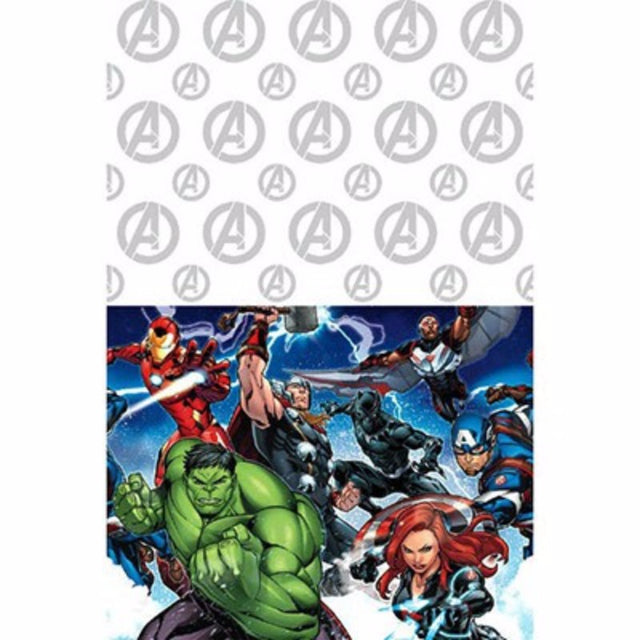 Plastic tablecover featuring Avengers heroes, measuring 137cm x 243cm, perfect for superhero-themed parties and easy cleanup.