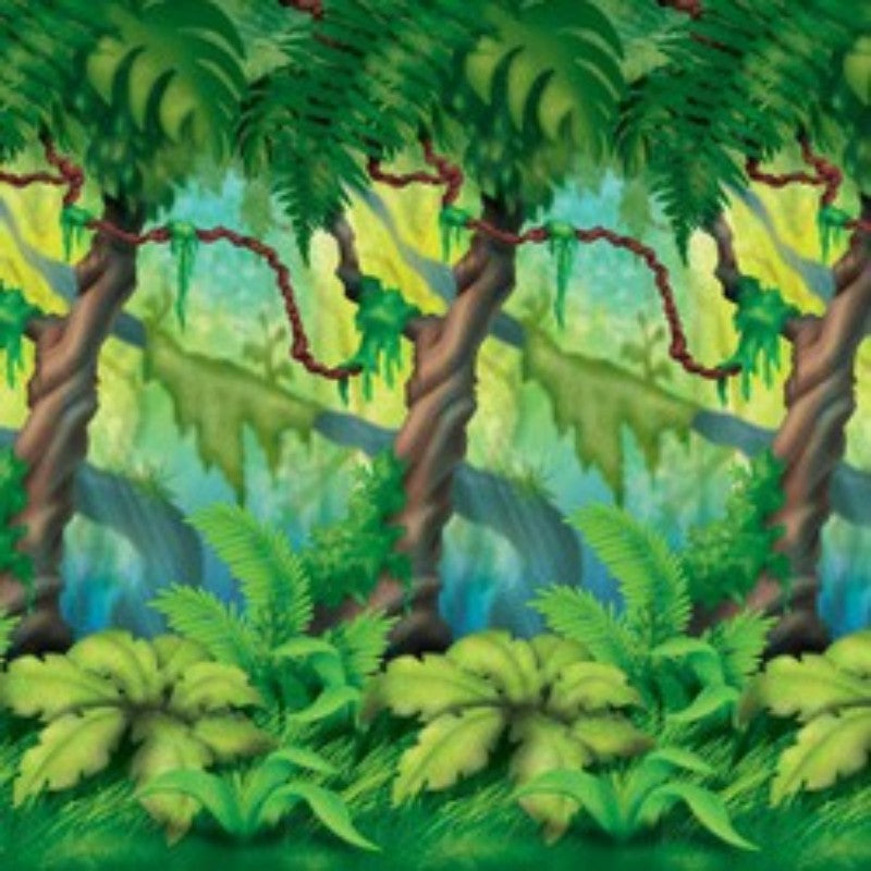 Backdrop featuring lush jungle trees, perfect for parties, photo shoots, and creating an immersive tropical atmosphere.