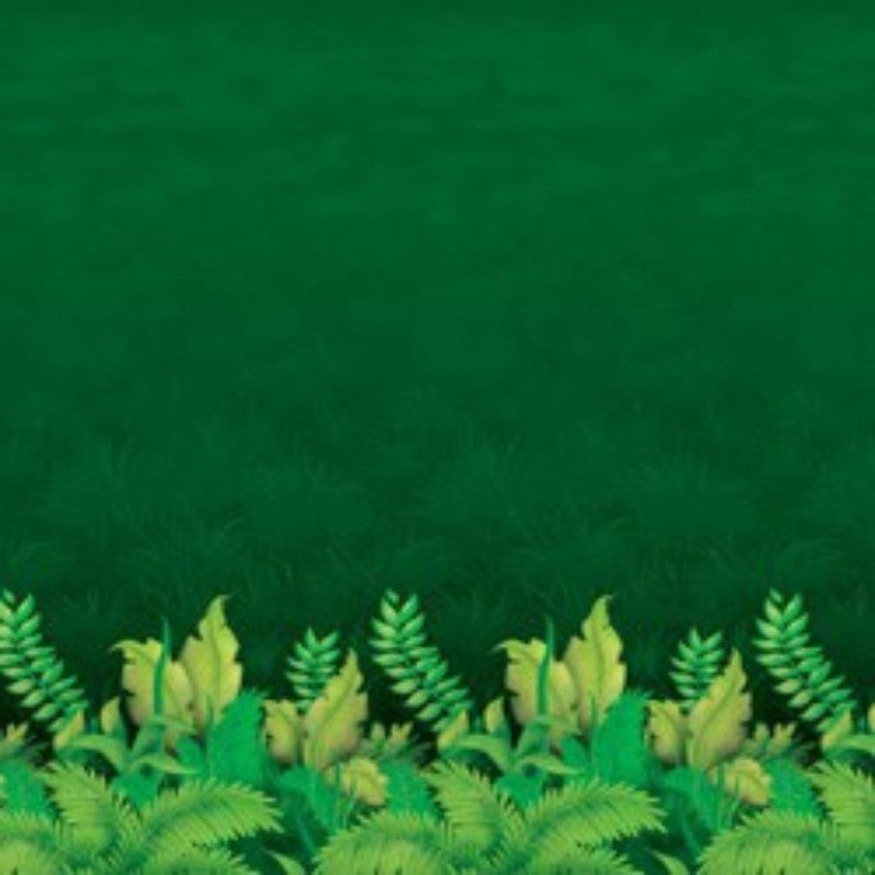 Lush tropical backdrop featuring vibrant jungle foliage, measuring 1.2m high by 9.1m long, perfect for themed events.