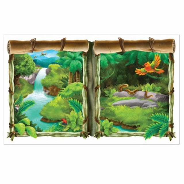 Vibrant jungle scene window view decoration, 1.5m wide x 1m high, perfect for tropical-themed parties or home decor.