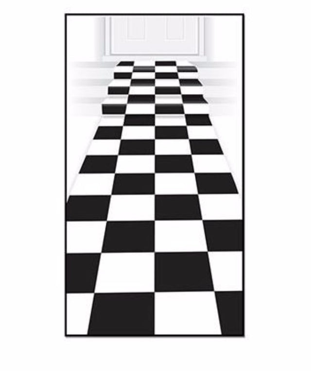 Stylish black and white checkered floor runner, 61cm x 3m, perfect for indoor/outdoor use, includes double-sided tape.