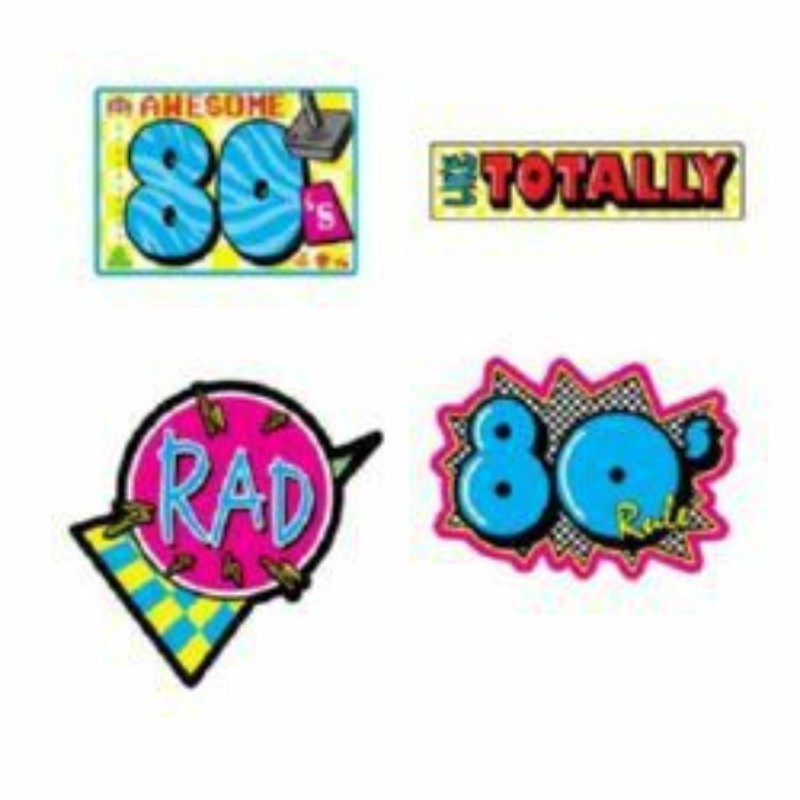 Colorful double-sided 40cm cutouts featuring vibrant 80's designs, perfect for retro-themed parties and nostalgic decor.