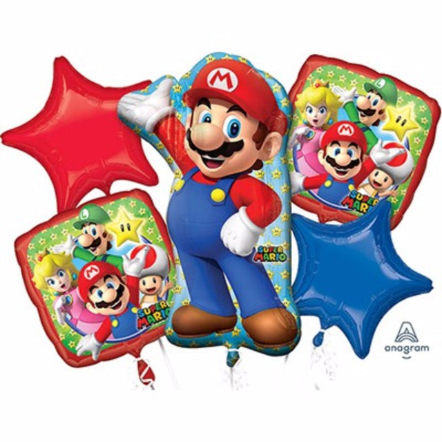 Vibrant Super Mario Brothers balloon bouquet featuring 1 shaped balloon and 4 foil balloons, perfect for children's parties.