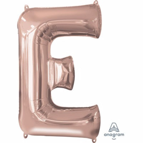 Rose gold Letter E balloon, 81cm, self-sealing and helium saver for stylish celebrations and lasting decorations.