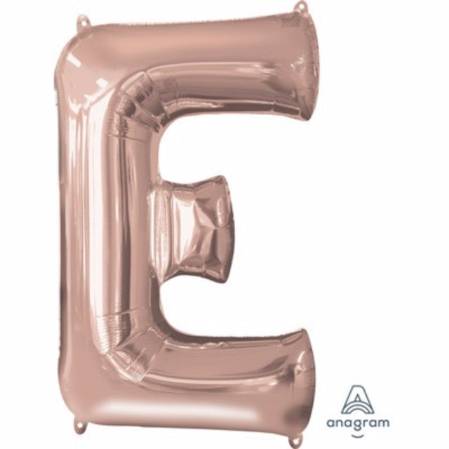 Rose gold Letter E balloon, 81cm, self-sealing and helium saver for stylish celebrations and lasting decorations.