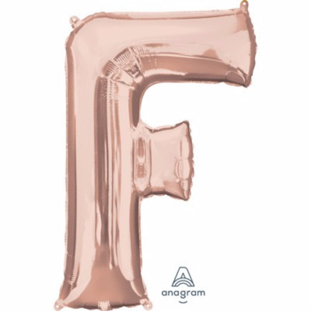 Letter F balloon in rose gold, 81cm, self-sealing, perfect for elegant celebrations and eco-friendly helium savings.