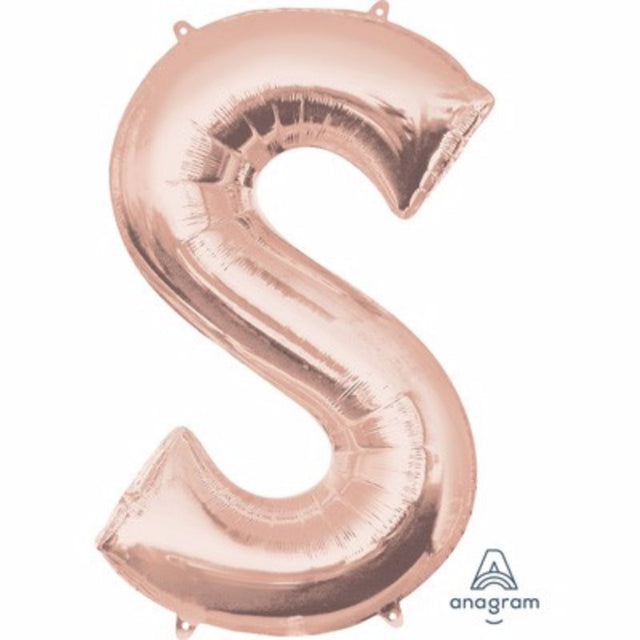 Rose gold Letter S balloon, 81cm, self-sealing, suitable for air or helium, perfect for elegant celebrations.