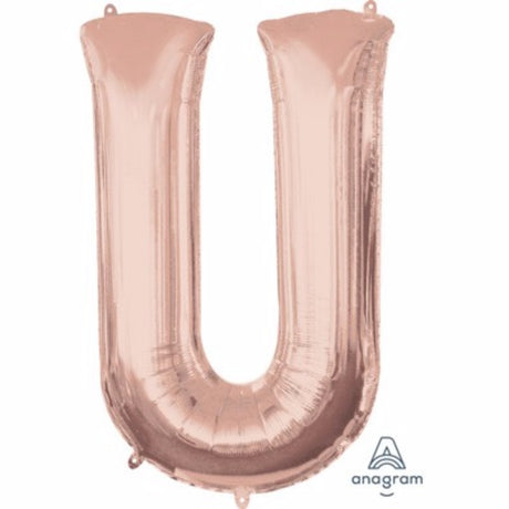 Rose gold Letter U balloon, 81cm; self-sealing, helium or air filled, perfect for elegant celebrations and decor.
