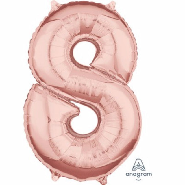 Rose gold mid-sized foil balloon shaped like the number eight, perfect for celebrations and easy to inflate.