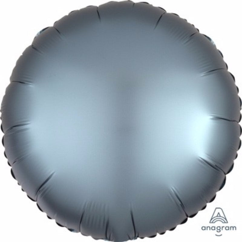 45cm round steel blue satin luxe foil balloon, perfect for elegant celebrations and requires helium inflation.