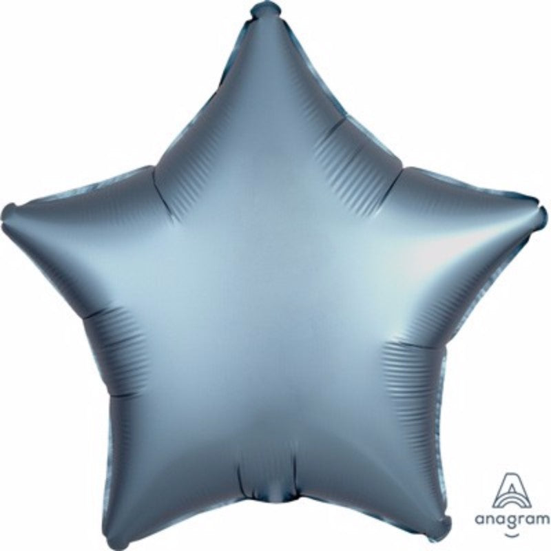 45cm steel blue satin luxe foil star balloon, perfect for elegant celebrations and easy helium inflation.