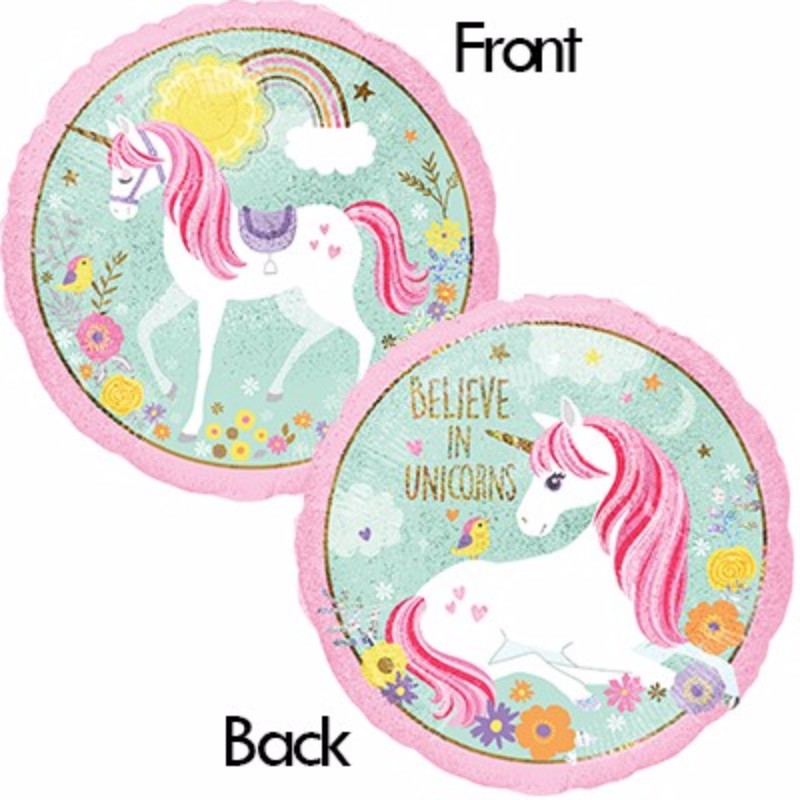 Holographic 45cm unicorn balloon with "I Believe in Unicorns," perfect for celebrations and themed parties.