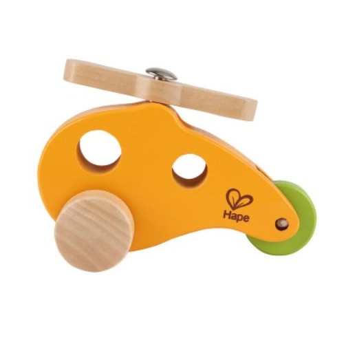 Colorful wooden helicopter toy from Hape, designed for imaginative play and promoting fine motor skills in children.