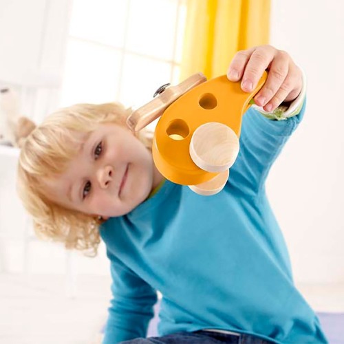 Hape Wooden Little Copter Toy, a vibrant, eco-friendly helicopter for imaginative play and fine motor skill development.