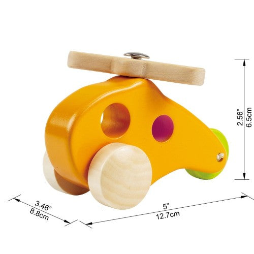 Colorful wooden helicopter toy designed for imaginative play and learning about flight for young children.