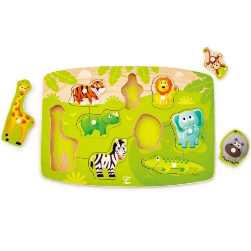 Colorful wooden jungle peg puzzle featuring adorable animal shapes for toddlers, promoting learning and fine motor skills.