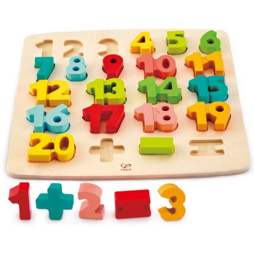 Colorful Hape Chunky Number Math Puzzle with numbers 1-20, promoting counting, motor skills, and early problem-solving for kids 3+.