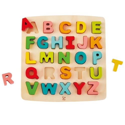 Colorful wooden alphabet puzzle designed for children 3+, featuring chunky, easy-to-grasp letters for interactive learning.