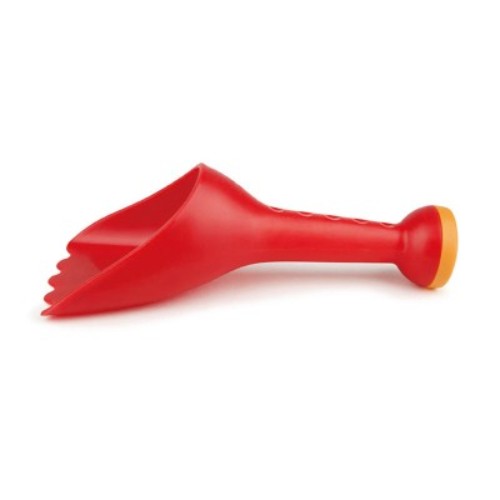 Bright red Hape Rain Shovel beach toy for kids 18+ months, perfect for digging, scooping sand and water in outdoor play.