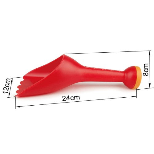 Vibrant red Hape Rain Shovel beach toy for toddlers, perfect for digging, pouring, and imaginative outdoor play.