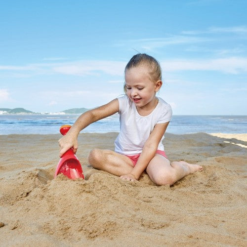 Blue Hape Rain Shovel beach toy for toddlers, designed for digging and pouring sand and water, promoting outdoor imaginative play.