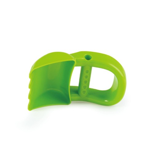 Bright green Hape Hand Digger Toy for toddlers, perfect for scooping and digging during imaginative outdoor play.