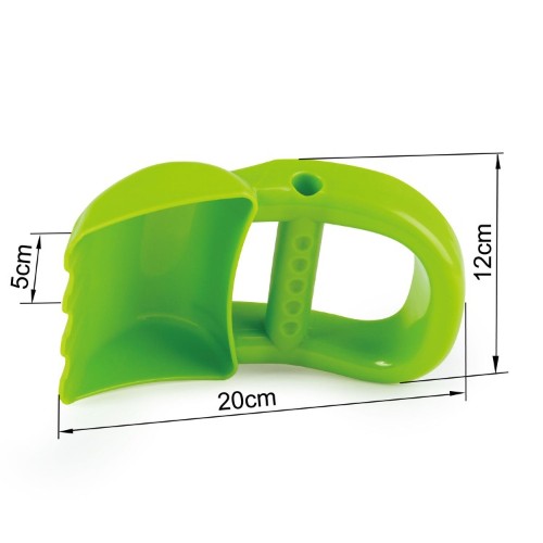 Hape Hand Digger Toy in green, designed for kids 18+ months, promotes imaginative play and fine motor skills.