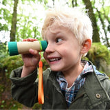 Hape Adjustable Telescope for kids, featuring 8x magnification, bamboo construction, wrist strap, and storage bag for adventure.