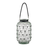 Ribbed glass vase with black wire wrap and leather handle, perfect for floral arrangements and modern decor, 38cm tall.