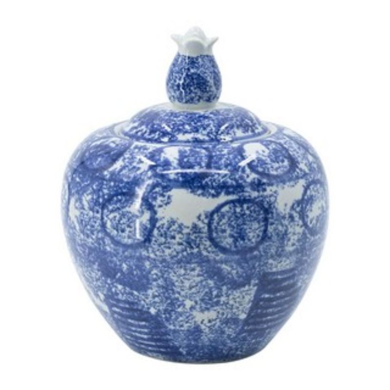 Elegant 26cm blue and white porcelain lidded jar, perfect for modern or traditional decor, with a voluptuous round shape.