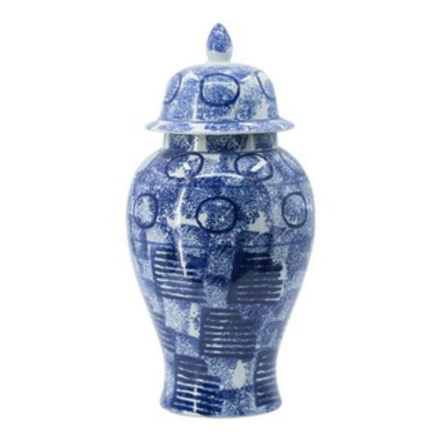 Elegant 50cm porcelain ginger jar with blue and white abstract patterns, ideal for stylish home decor accents.