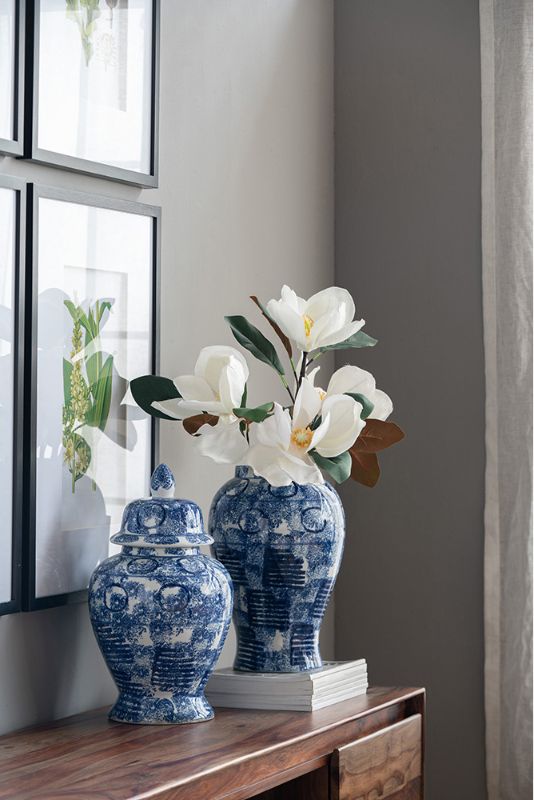 Elegant 43cm porcelain ginger jar with a blue and white abstract pattern, perfect for classic home decor and storage.