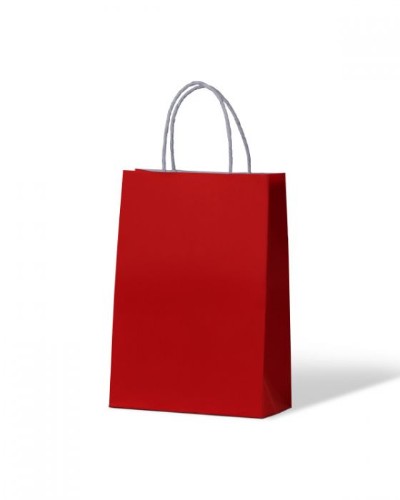 Vibrant red kraft paper bags with twist handles, 29x20cm, eco-friendly, durable, ideal for retail and takeout packaging.