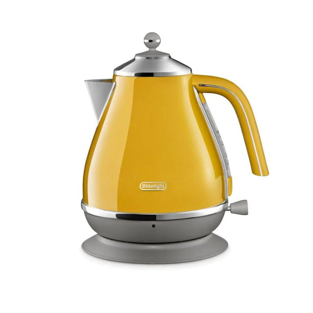 DeLonghi Icona Capitals Yellow Kettle with chrome details, 1.7L capacity, 360° base, and advanced safety features.