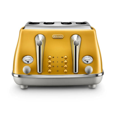 Vibrant yellow De'Longhi 4-slice toaster with 6 browning settings, independent controls, and lever lift for easy toast removal.