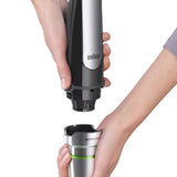 De'Longhi Multiquick 7 Immersion Hand Blender MQ7077X in black and stainless steel, featuring ACTIVEBlade and Easy SmartSpeed technology.