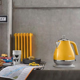 Bright yellow DeLonghi Icona Capitals kettle, 1.7L capacity, features chrome accents and 360° base for convenient boiling.